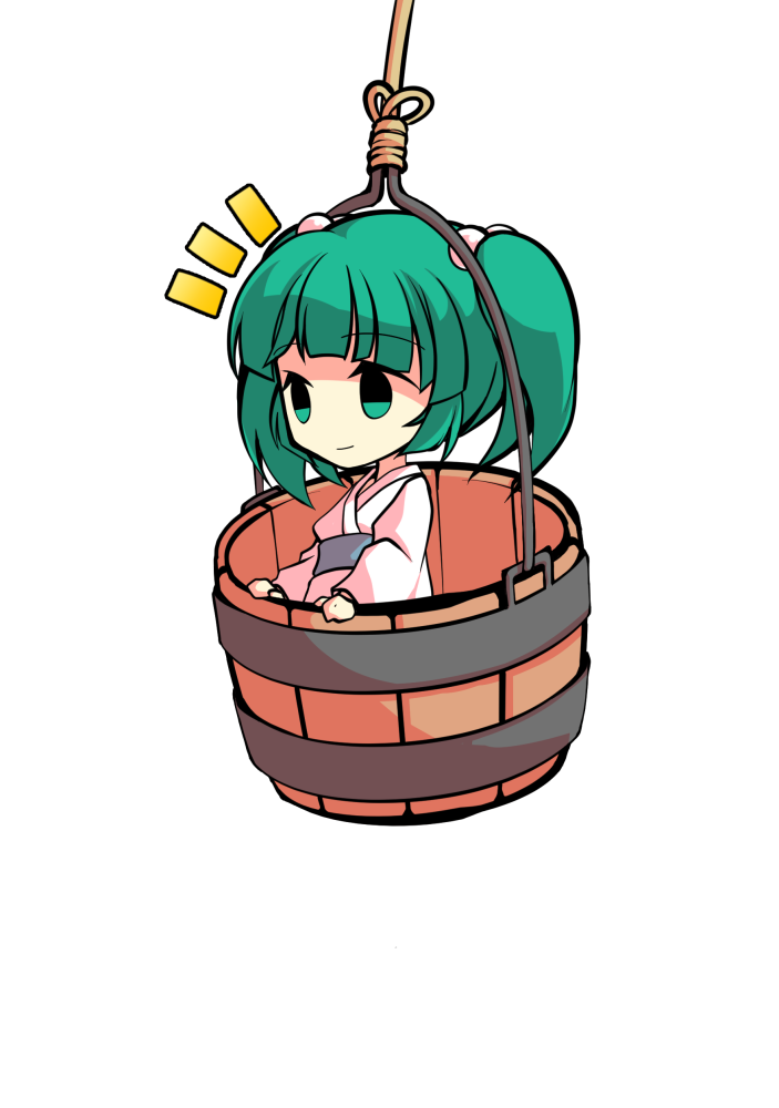 dairi, kisume, touhou, commentary request, large variant set, variant set, 1girl, bucket, chibi, chibi only, full body, green eyes, green hair, in bucket, in container, japanese clothes, kimono, medium hair, solo, tachi-e, transparent background, twintails, upper body, white kimono, wooden bucket, yukata