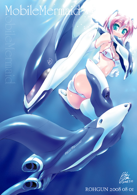 rohgun, original, 1girl, ass, bikini, blue background, breasts, cleavage, dated, elbow gloves, female focus, from below, gloves, green eyes, light smile, looking at viewer, mecha, mecha musume, mermaid, monster girl, no nose, orca, pink hair, robot, short hair, signature, small breasts, solo, swimsuit, underwater