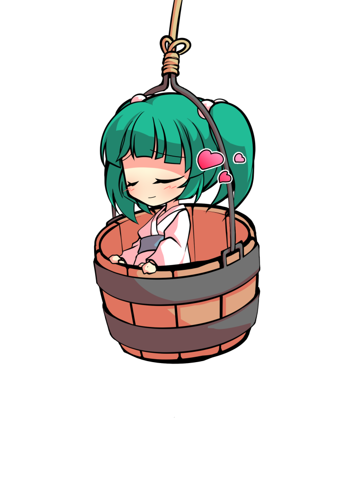 dairi, kisume, touhou, commentary request, large variant set, variant set, 1girl, bucket, chibi, chibi only, closed eyes, full body, green hair, in bucket, in container, japanese clothes, kimono, medium hair, solo, tachi-e, transparent background, twintails, upper body, white kimono, wooden bucket, yukata