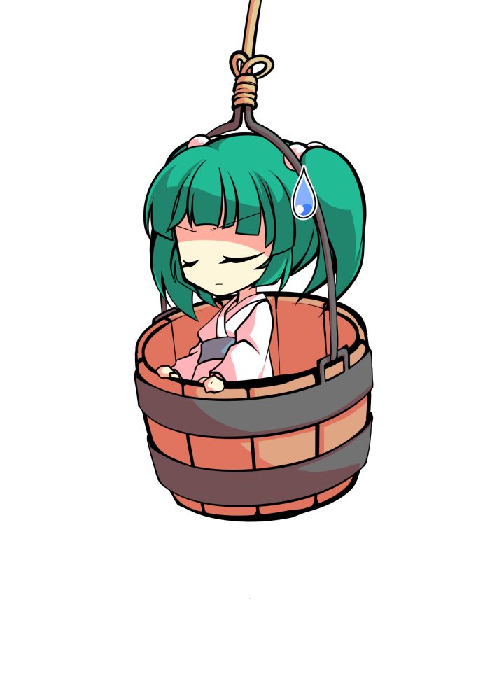 dairi, kisume, touhou, commentary request, large variant set, variant set, 1girl, bucket, chibi, chibi only, closed eyes, full body, green hair, in bucket, in container, japanese clothes, kimono, medium hair, solo, tachi-e, transparent background, twintails, upper body, white kimono, wooden bucket, yukata
