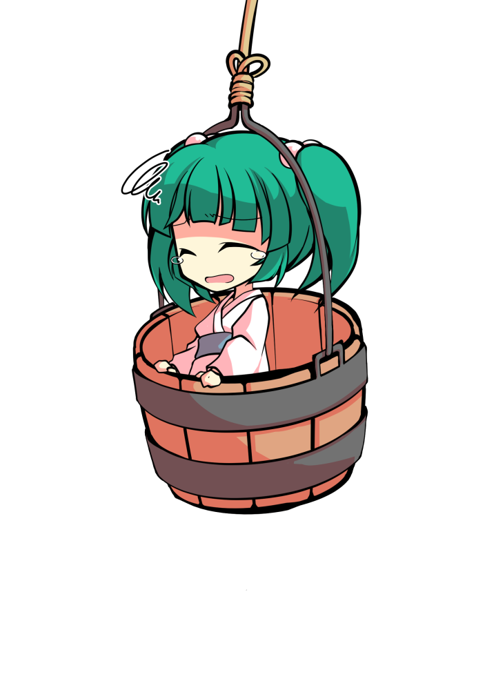dairi, kisume, touhou, commentary request, large variant set, variant set, 1girl, bucket, chibi, chibi only, closed eyes, full body, green hair, in bucket, in container, japanese clothes, kimono, medium hair, solo, tachi-e, transparent background, twintails, upper body, white kimono, wooden bucket, yukata