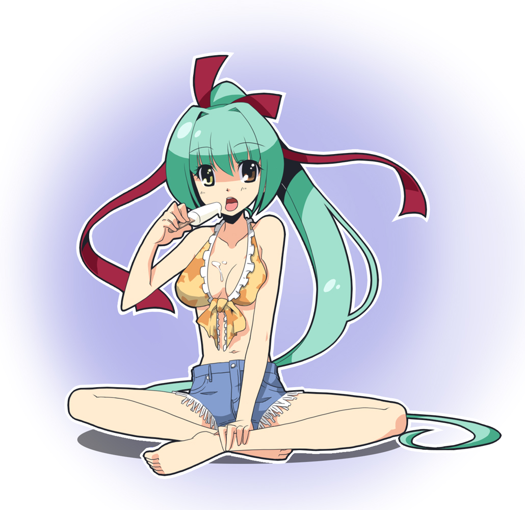 hinoshita hikari, original, barefoot, denim, denim shorts, feet, food, popsicle, shorts, solo