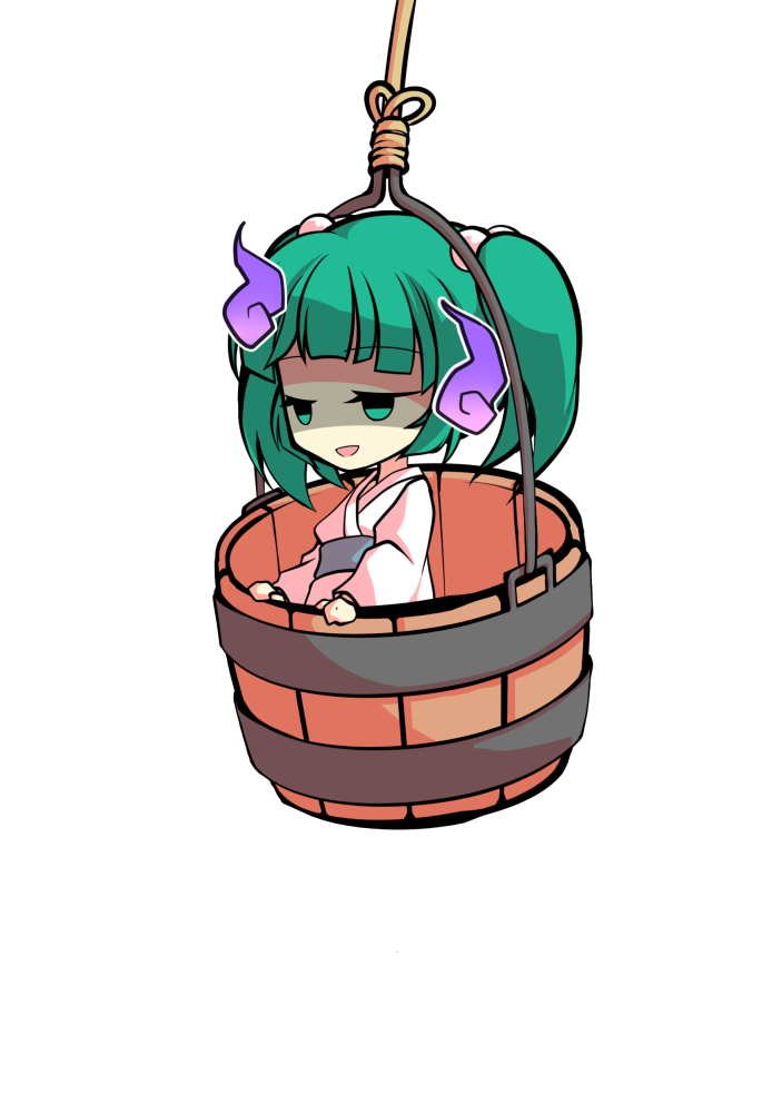 dairi, kisume, touhou, commentary request, large variant set, variant set, 1girl, bucket, chibi, chibi only, full body, green eyes, green hair, in bucket, in container, japanese clothes, kimono, medium hair, solo, tachi-e, transparent background, twintails, upper body, white kimono, wooden bucket, yukata