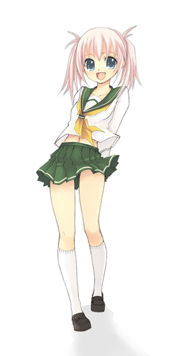 sakurai unan, original, blue eyes, kneehighs, midriff, pink hair, school uniform, serafuku, socks, solo, twintails