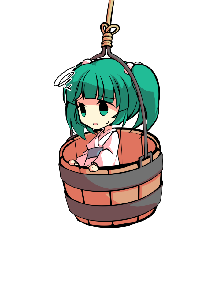 dairi, kisume, touhou, commentary request, large variant set, variant set, 1girl, bucket, chibi, chibi only, full body, green eyes, green hair, in bucket, in container, japanese clothes, kimono, medium hair, solo, tachi-e, transparent background, twintails, upper body, white kimono, wooden bucket, yukata