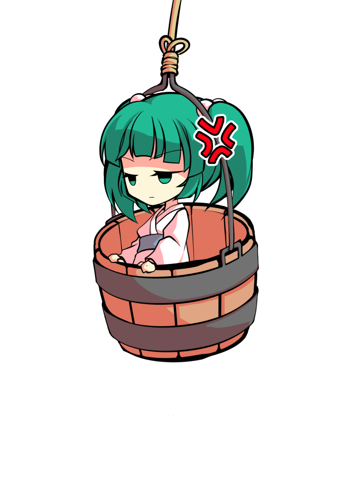 dairi, kisume, touhou, commentary request, large variant set, variant set, 1girl, bucket, chibi, chibi only, full body, green eyes, green hair, in bucket, in container, japanese clothes, kimono, medium hair, solo, tachi-e, transparent background, twintails, upper body, white kimono, wooden bucket, yukata