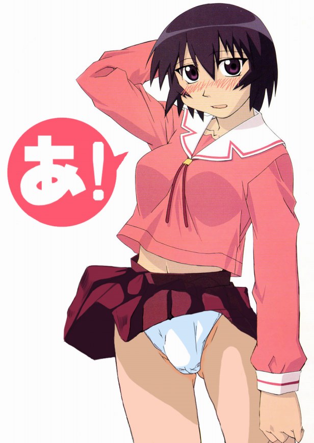 kagura, kagura (azumanga daioh), azumanga daiou, non-web source, 1girl, blush, brown eyes, brown hair, clothes lift, female focus, midriff, panties, pantyshot, school uniform, serafuku, short hair, skirt, skirt lift, solo, underwear, white panties, wind, wind lift