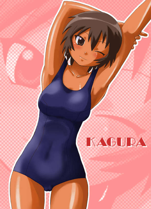 kagura, kagura (azumanga daioh), azumanga daiou, non-web source, 1girl, blush, brown eyes, brown hair, character name, collarbone, cowboy shot, female focus, one-piece swimsuit, one eye closed, school swimsuit, smile, solo, stretching, swimsuit, tan, wink, zoom layer