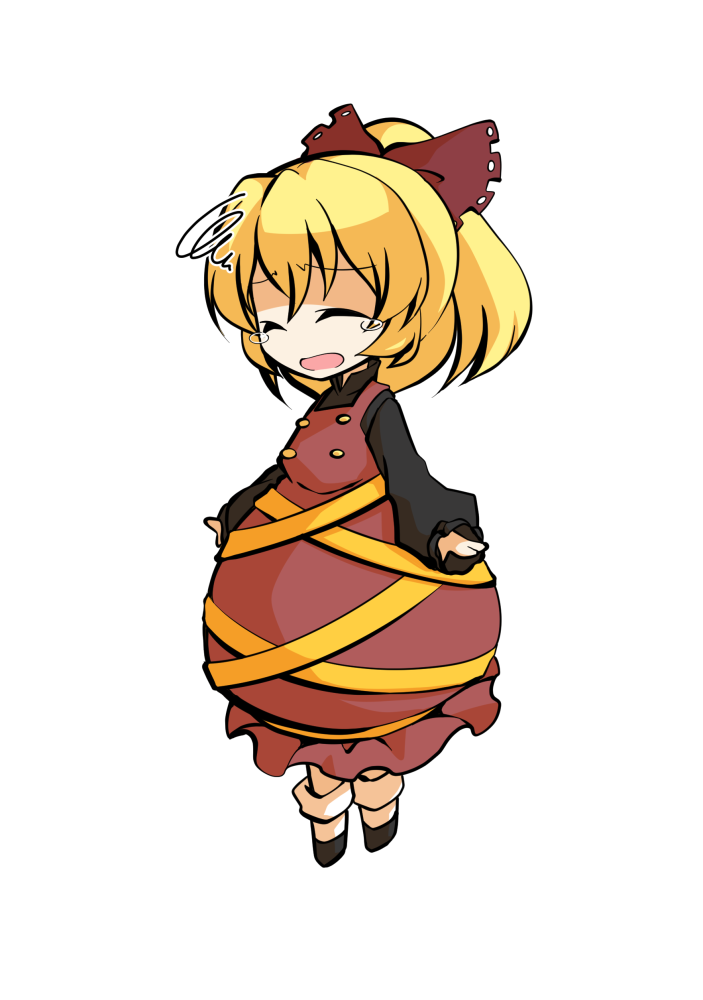 dairi, kurodani yamame, touhou, commentary request, large variant set, variant set, 1girl, black shirt, black shoes, blonde hair, bow, brown bow, brown dress, buttons, chibi, chibi only, dress, full body, hair bow, medium hair, parody, shirt, shoes, socks, solo, style parody, tachi-e, transparent background, white socks