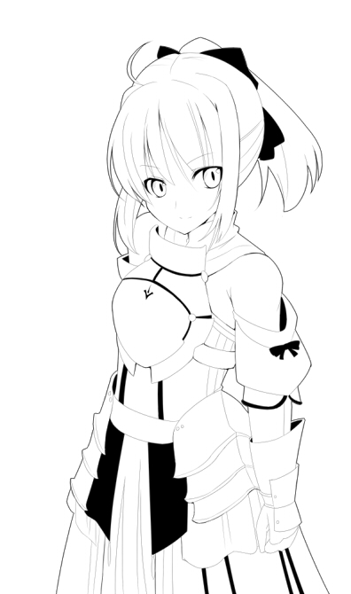 yoshida (rodeo), artoria pendragon (fate), saber (fate), saber lily, capcom, fate/stay night, fate/unlimited codes, fate (series), 00s, 1girl, ahoge, armor, armored dress, bare shoulders, dress, female focus, gauntlets, greyscale, hair ribbon, lineart, monochrome, ponytail, ribbon, solo