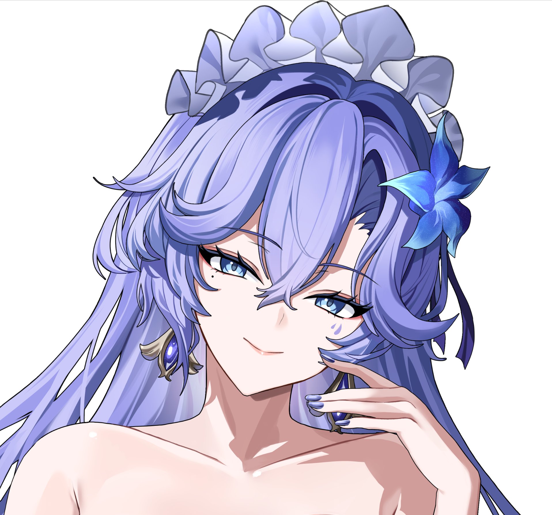 colalk, cantarella (wuthering waves), wuthering waves, commentary, cropped, highres, 1girl, blue eyes, blue flower, closed mouth, earrings, facial mark, fingernails, flower, hair between eyes, hair flower, hair ornament, hand up, headdress, implied nudity, jewelry, long fingernails, long hair, looking at viewer, mark under eye, mole, mole under eye, nail polish, purple hair, purple nails, smile, solo