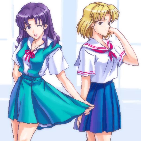 suzuno kouya, akagi ritsuko, katsuragi misato, neon genesis evangelion, 2girls, aged down, blonde hair, curtsey, long hair, multiple girls, one eye closed, purple hair, school uniform, serafuku, short hair, skirt hold, wink