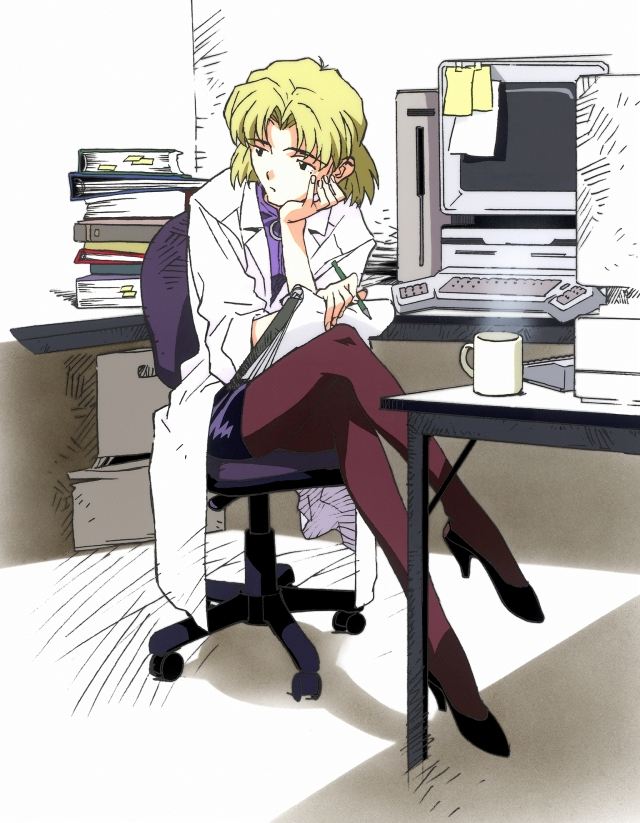 akagi ritsuko, neon genesis evangelion, non-web source, 1girl, blonde hair, bored, chair, clipboard, coffee mug, computer, computer keyboard, cup, desk, female focus, head rest, lab coat, medical, mole, mole under eye, mug, office chair, pantyhose, pencil skirt, scientist, short hair, sitting, skirt, solo, swivel chair