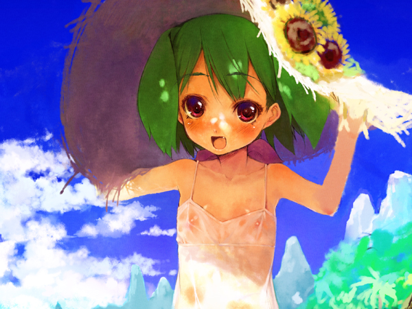 chinchickrin, ranka lee, macross, macross frontier, 00s, blush, bob cut, fang, flower, green hair, hat, red eyes, see-through clothes, solo, sunflower