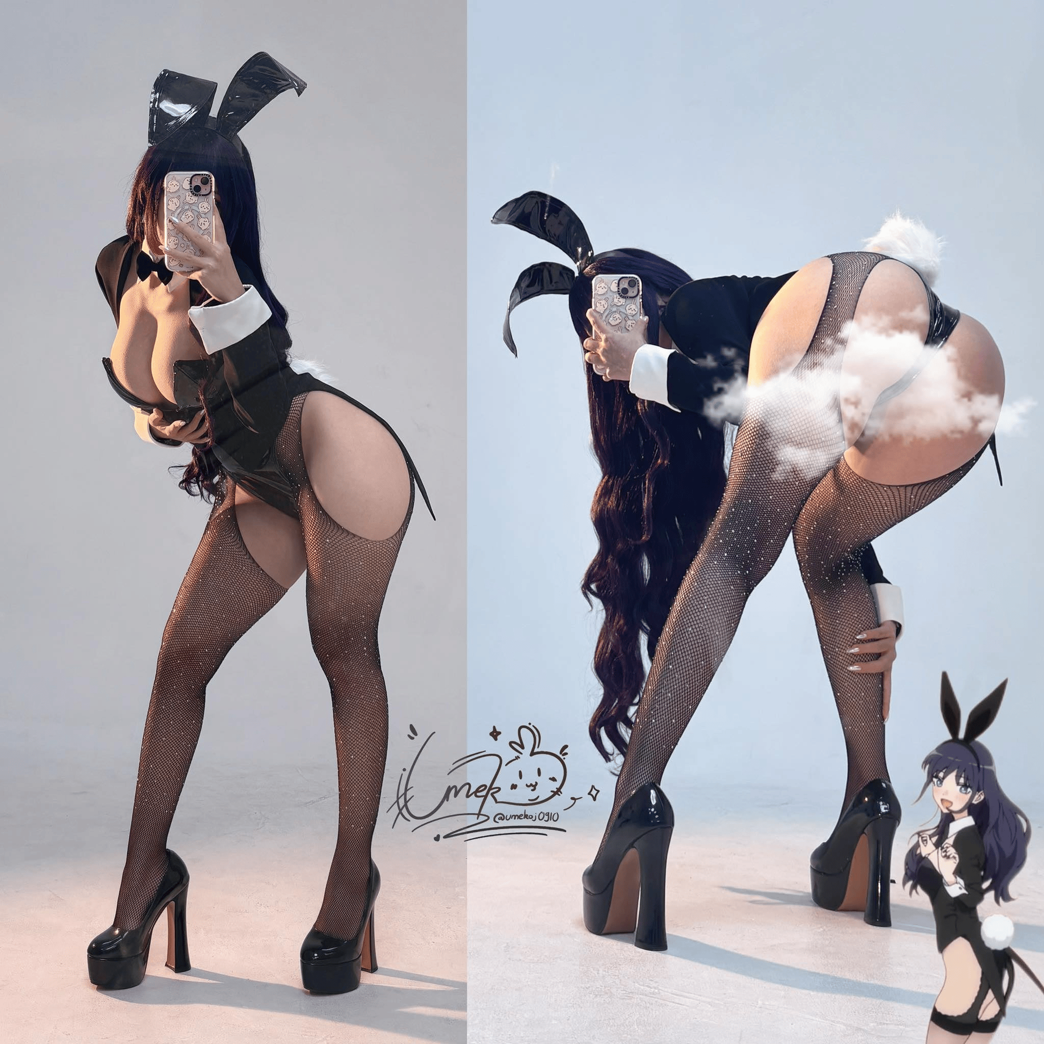 umekojcosplayer, izayoi arisa, kitagawa marin, real life, sono bisque doll wa koi wo suru, cosplay photo, highres, photo (medium), 1girl, artist name, black leotard, breasts, cosplay, female focus, izayoi arisa (cosplay), kitagawa marin (cosplay), leotard, medium breasts, multiple views, playboy bunny, purple hair, rabbit ears, vietnamese