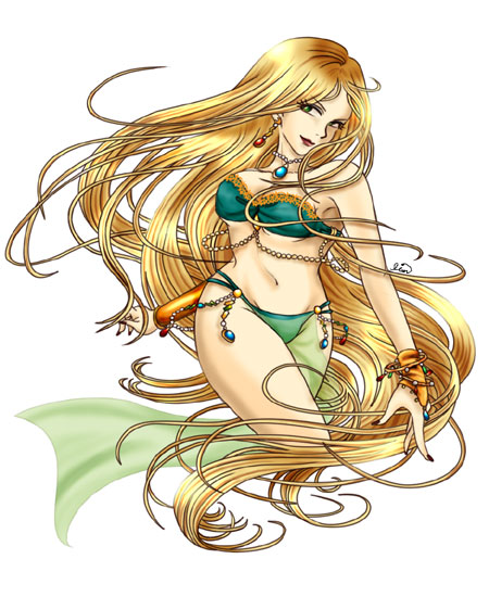 imu (nanette), nanette, barbariccia, final fantasy, final fantasy iv, 1990s (style), 1girl, bikini, blonde hair, female focus, green bikini, green eyes, jewelry, loincloth, long hair, lots of jewelry, retro artstyle, solo, swimsuit, very long hair