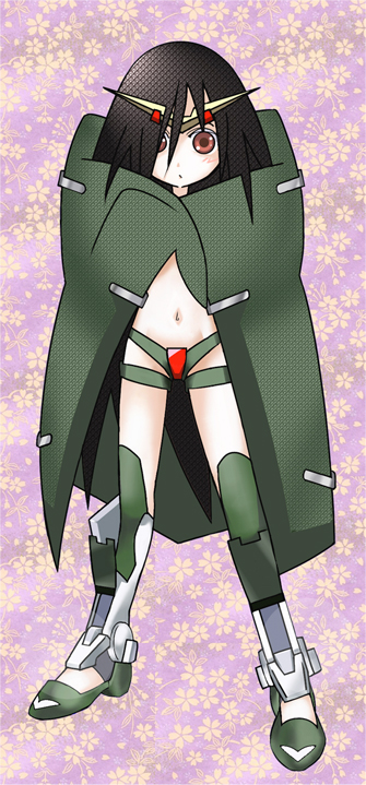 reverie (artist), dynames, gundam dynames, komori kiri, gundam, gundam 00, sayonara zetsubou sensei, non-web source, 1girl, black hair, blanket, brown eyes, crossover, female focus, long hair, mecha musume, midriff, parody, solo