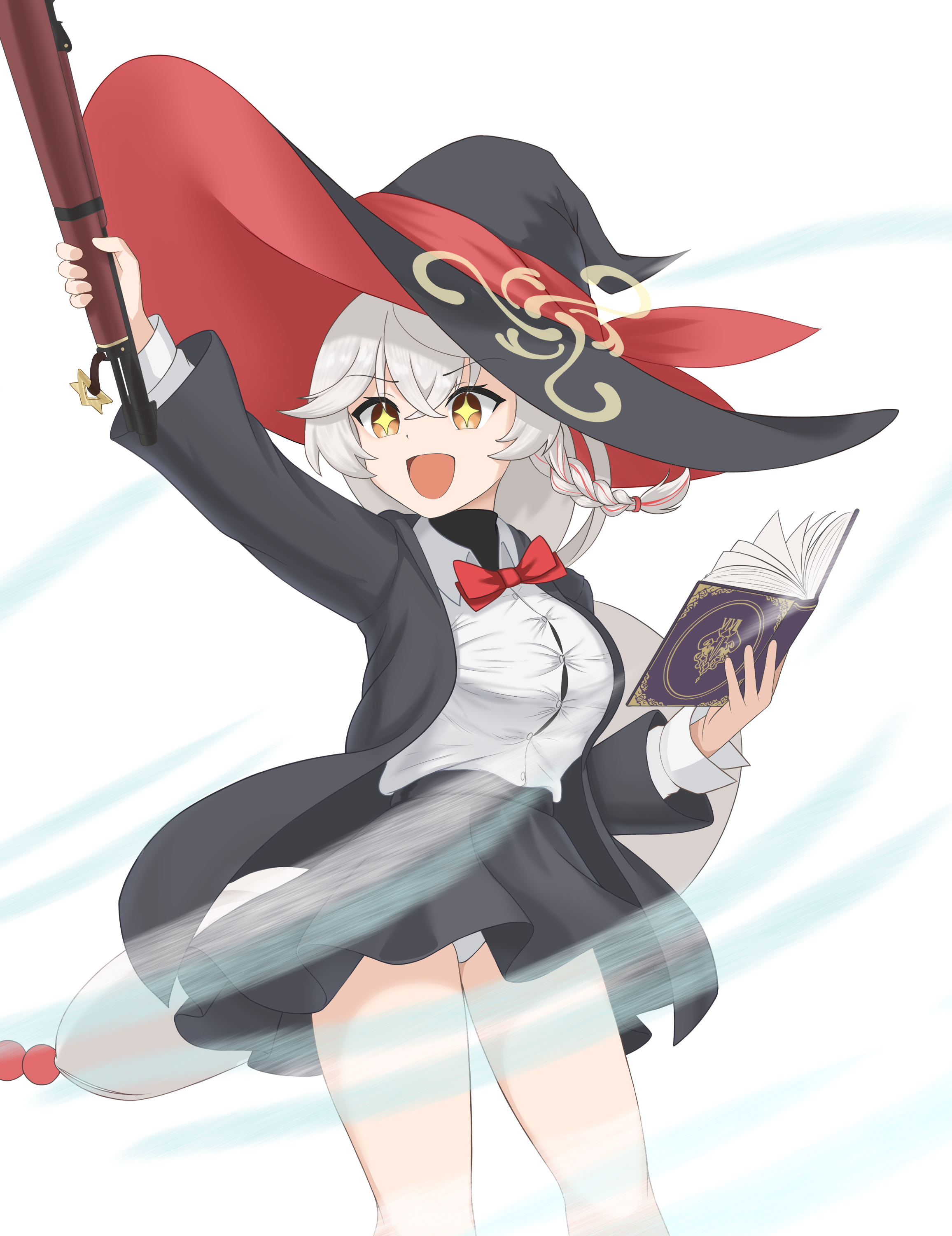 eri (blue archive), blue archive, absurdres, highres, book, bow, bowtie, braid, gun, halo, hat, holding, holding book, holding gun, holding weapon, jacket, l&p, long coat, long hair, orange eyes, panties, shirt, skirt, sparkling eyes, sweater, thighs, underwear, upskirt, weapon, white hair, wind, witch hat