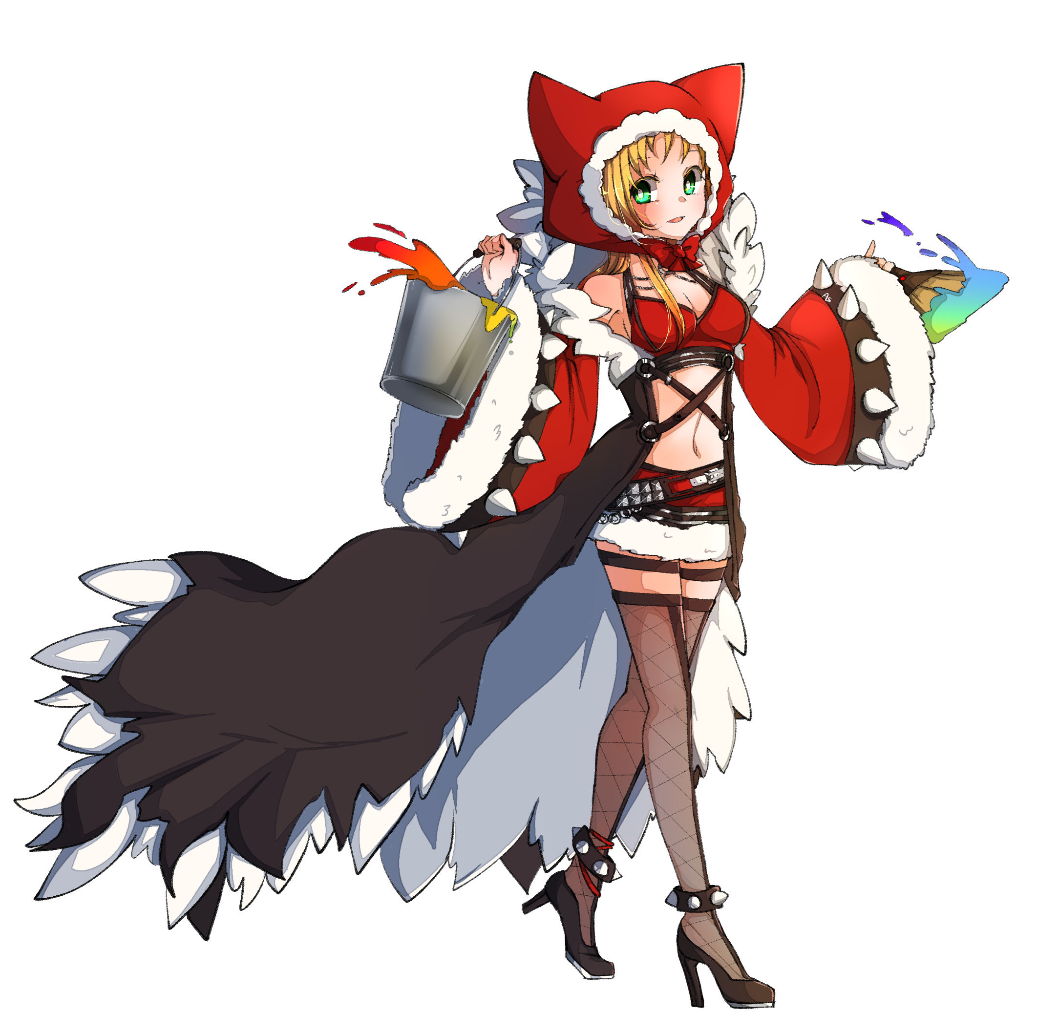 asuta (kinakomoti300), shadow chaser (ragnarok online), ragnarok online, commentary request, highres, 1girl, black coat, black shoes, blonde hair, blush, breasts, bucket, coat, fishnet thighhighs, fishnets, full body, fur-trimmed skirt, fur-trimmed sleeves, fur coat, fur trim, green eyes, grey thighhighs, high heels, holding, holding bucket, holding paintbrush, hood, hood up, looking at viewer, medium breasts, midriff, miniskirt, navel, official alternate costume, open clothes, open coat, open mouth, paint, paintbrush, red hood, red skirt, red sports bra, shoes, short hair, simple background, skirt, solo, spiked anklet, sports bra, standing, thighhighs, white background