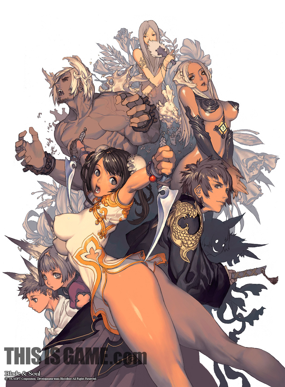 kim hyung tae, blade & soul, highres, ass, black hair, breasts, bun cover, china dress, chinese clothes, double bun, dress, everyone, hair bun, impossible clothes, legs, long hair, watermark