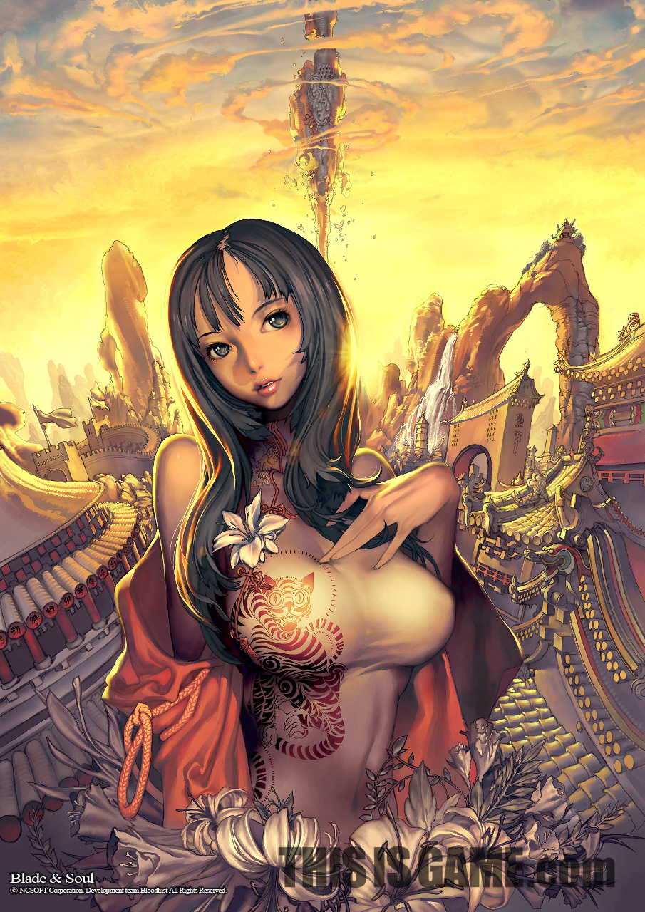 kim hyung tae, blade & soul, highres, breasts, brown eyes, brown hair, china dress, chinese clothes, cloud, flower, huge breasts, large breasts, long hair, sky, sunset, watermark