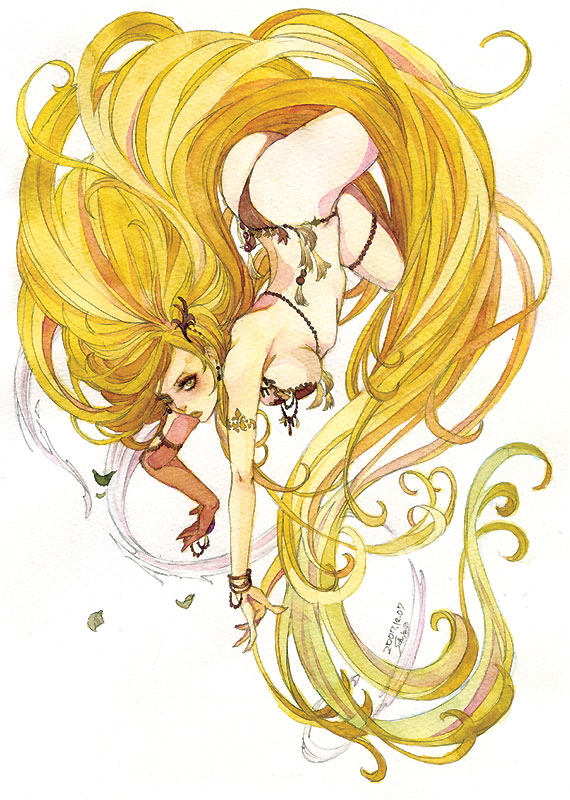 sakizou, barbariccia, final fantasy, final fantasy iv, bad id, bad pixiv id, painting (medium), traditional media, watercolor (medium), 1990s (style), 1girl, absurdly long hair, ass, bikini, blonde hair, breasts, female focus, full body, jewelry, long hair, lots of jewelry, retro artstyle, sideboob, solo, swimsuit, thong bikini, very long hair, yellow eyes
