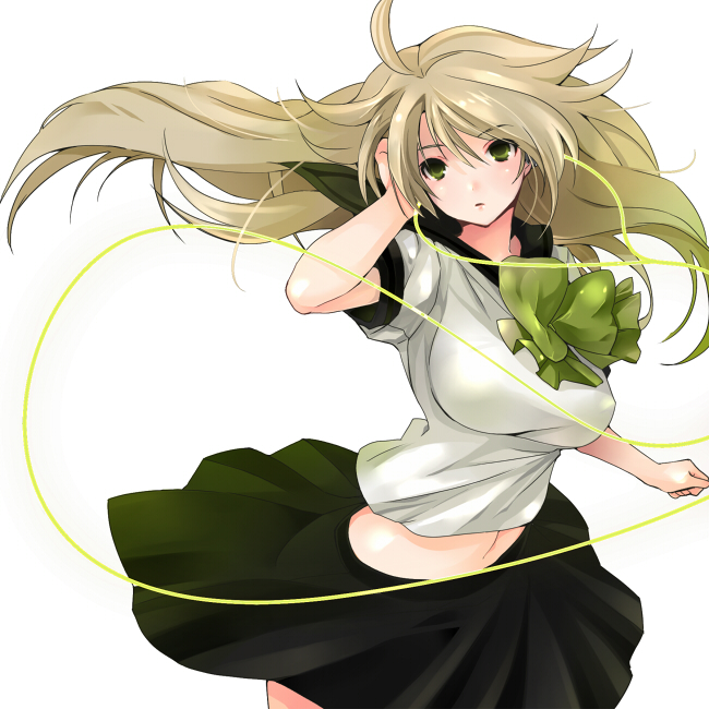 taira tsukune, hoshii miki, idolmaster, idolmaster (classic), idolmaster 1, 00s, 1girl, blonde hair, breasts, earphones, female focus, floating hair, green eyes, large breasts, listening to music, long hair, school uniform, serafuku, skirt, solo