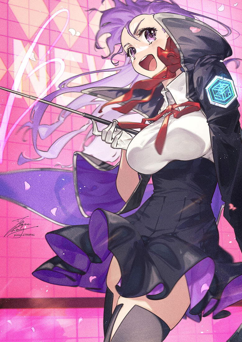 fadingz, bb (fate), bb (fate/extra), fate/grand order, fate (series), 1girl, black coat, black skirt, black thighhighs, blush, breasts, coat, collared shirt, gloves, hair ribbon, high-waist skirt, large breasts, long hair, long sleeves, looking at viewer, neck ribbon, open clothes, open coat, open mouth, pointer, popped collar, purple eyes, purple hair, red ribbon, ribbon, shirt, skirt, smile, solo, thighhighs, thighs, very long hair, white gloves, white shirt, wide sleeves