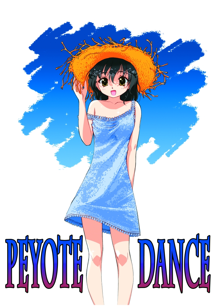 yamino kenji, original, 1girl, black hair, collarbone, dress, female focus, hand on headwear, hat, looking at viewer, short hair, sky, smile, solo, standing, strap slip, straw hat, sundress, yellow eyes