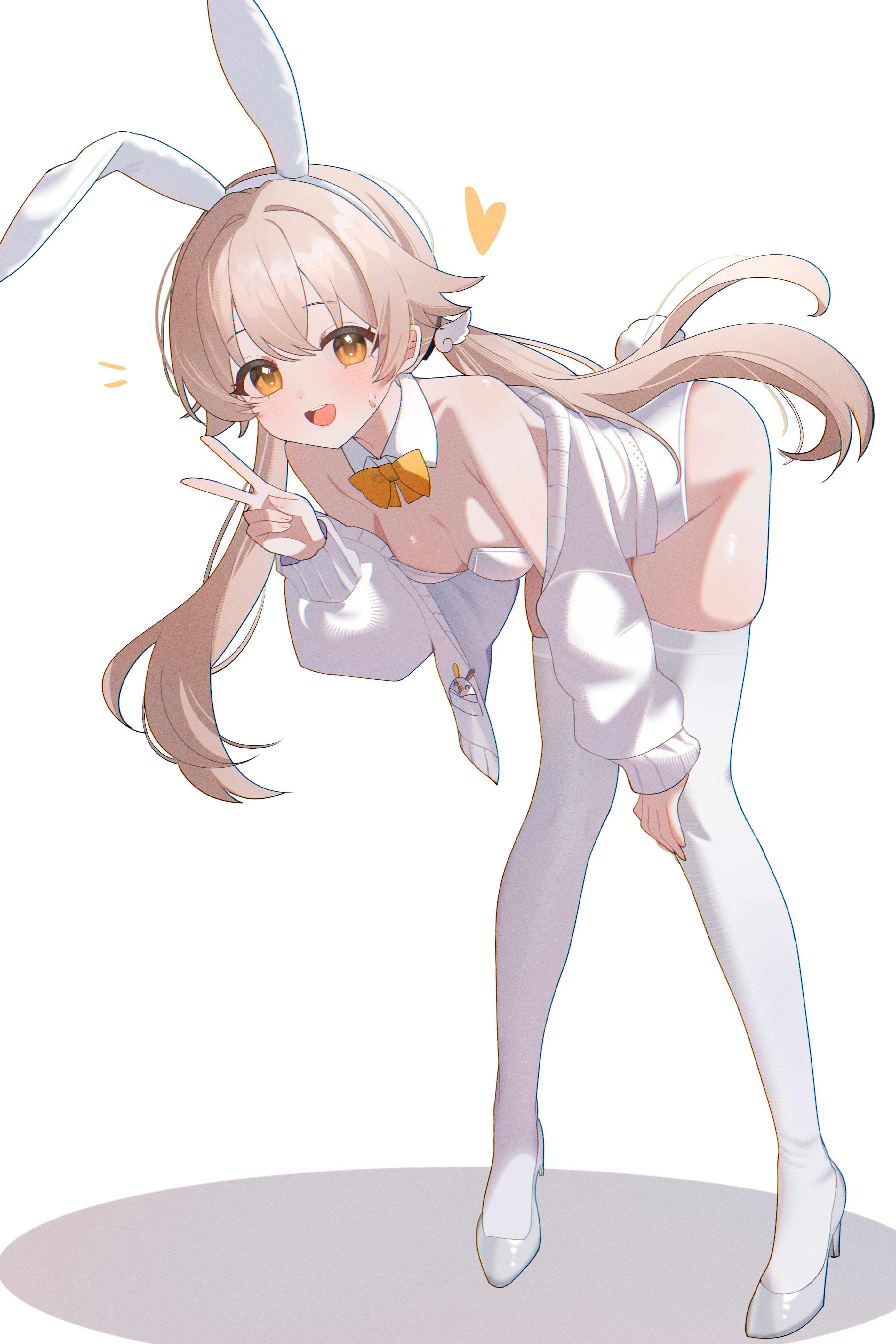 shusuchii, hifumi (blue archive), blue archive, absurdres, commentary, highres, symbol-only commentary, 1girl, animal ears, breasts, detached collar, fake animal ears, full body, leaning forward, leotard, long hair, playboy bunny, rabbit ears, rabbit tail, small breasts, solo, strapless, strapless leotard, tail, thighhighs, twintails, v, white background, white leotard, white thighhighs