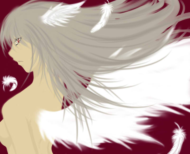 hal (goshujinomocha), hal (haruna), ultima (fft), final fantasy, final fantasy tactics, silver hair, 1girl, angel wings, female focus, head wings, long hair, nude, red eyes, solo, wings