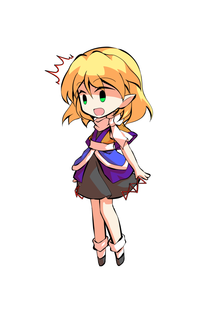 dairi, mizuhashi parsee, touhou, commentary request, large variant set, variant set, 1girl, black shoes, black skirt, blonde hair, brown shirt, chibi, chibi only, full body, hair between eyes, medium hair, pointy ears, scarf, shirt, shoes, skirt, socks, solo, tachi-e, transparent background, white scarf, white socks