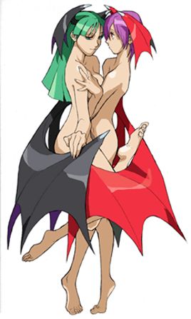 bengus, lilith (darkstalkers), morrigan aensland, capcom, darkstalkers, arm grab, duplicate, lowres, official art, 2girls, asymmetrical docking, barefoot, bat wings, blunt bangs, breast press, breasts, demon girl, feet, fingernails, flat chest, foreshortening, green eyes, green hair, head wings, incest, large breasts, leg lift, long fingernails, long hair, multiple girls, nude, profile, purple hair, red eyes, short hair, siblings, sideboob, simple background, sisters, smile, soles, standing, standing on one leg, tiptoes, wings, yuri