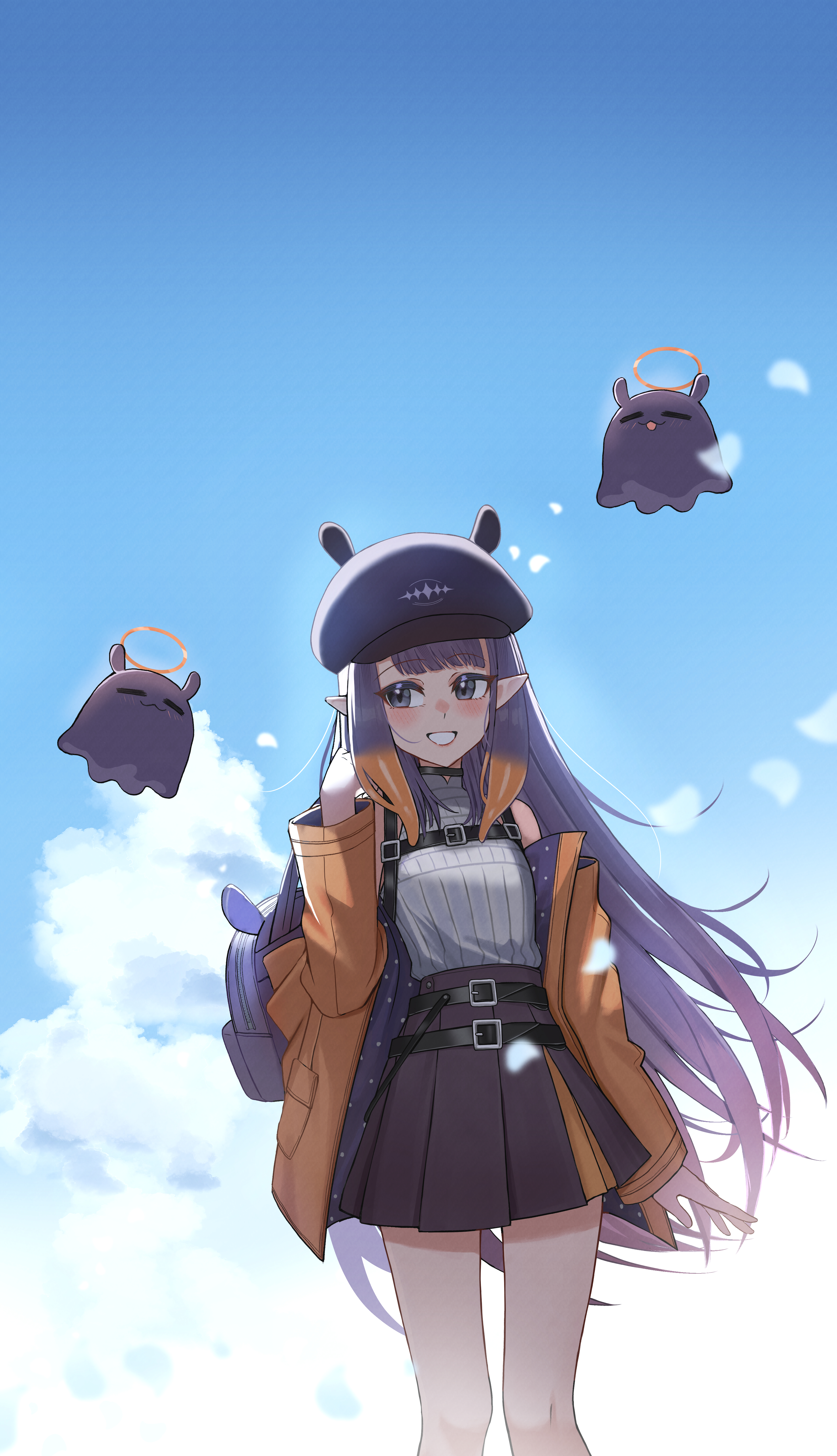 chrispy tuna, ninomae ina'nis, takodachi (ninomae ina'nis), hololive, hololive english, absurdres, commentary, english commentary, highres, 1girl, backpack, bag, black skirt, blue eyes, blue sky, blunt bangs, center-flap bangs, chest harness, day, gradient hair, grin, harness, hat, jacket, long hair, miniskirt, multicolored hair, off shoulder, official alternate costume, orange hair, outdoors, pointy ears, purple hair, purple hat, ribbed shirt, shirt, sidelocks, skirt, sky, sleeveless, sleeveless shirt, smile, solo, straight hair, tentacle hair, very long hair, virtual youtuber, white shirt, yellow jacket