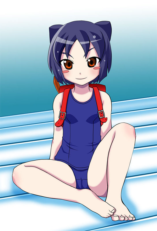 yasuhito, daidouji kira, arcana heart, backpack, bag, barefoot, feet, loli, one-piece swimsuit, school swimsuit, swimsuit