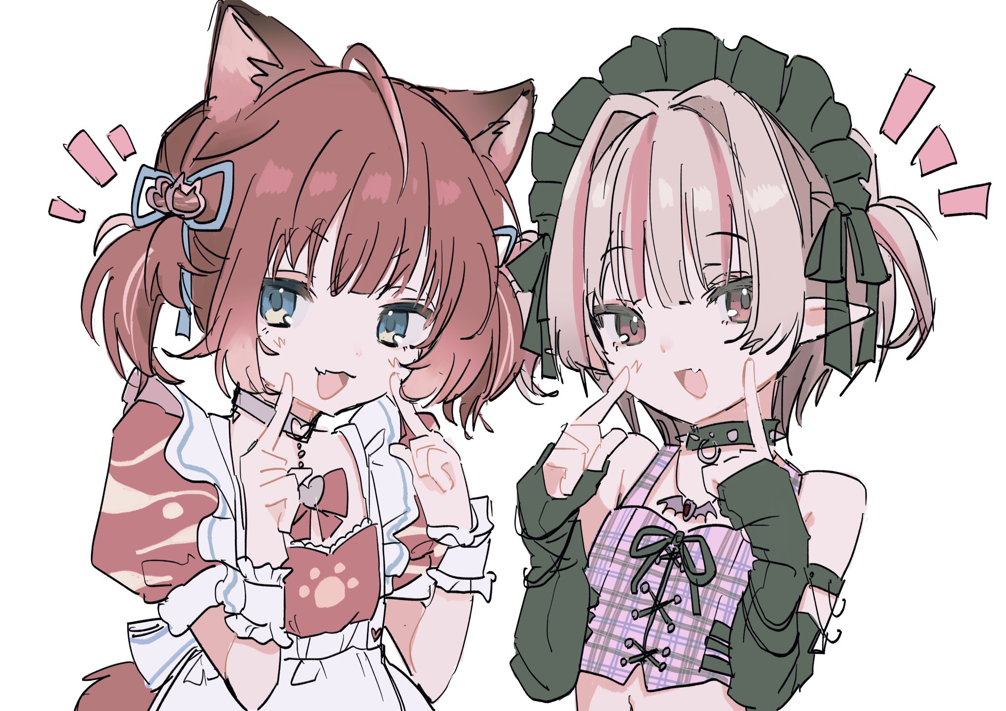 nekonomoto 01, akami karubi, makaino ririmu, crazy raccoon, nijisanji, highres, 2girls, ahoge, animal ears, apron, black arm warmers, blue eyes, brown hair, choker, crop top, dress, hair intakes, hair ribbon, index finger raised, looking at viewer, maid apron, maid headdress, makaino ririmu (6th costume), multicolored hair, multiple girls, official alternate costume, pink eyes, pointy ears, raccoon ears, raccoon girl, red dress, red hair, ribbon, short hair, simple background, spiked choker, spikes, streaked hair, twintails, upper body, virtual youtuber, white background, wrist cuffs