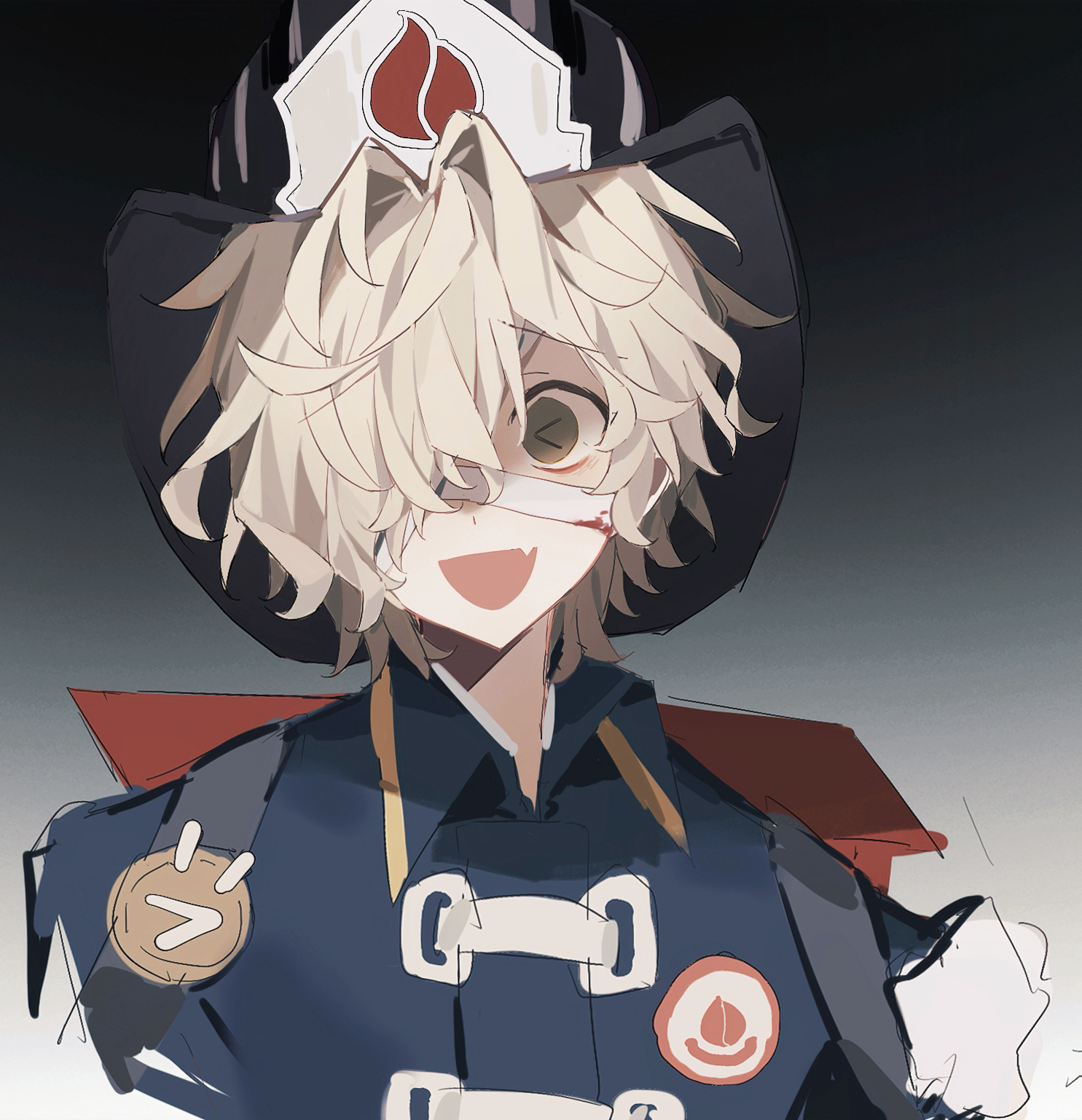 florian brand, identity v, highres, 1boy, :d, bandaged head, bandages, bandages over eyes, blonde hair, fang, firefighter helmet, gradient background, green eyes, hair over one eye, looking at viewer, male focus, open mouth, raised inner eyebrows, shaded face, skin fang, smile, solo, voyawww, wavy hair