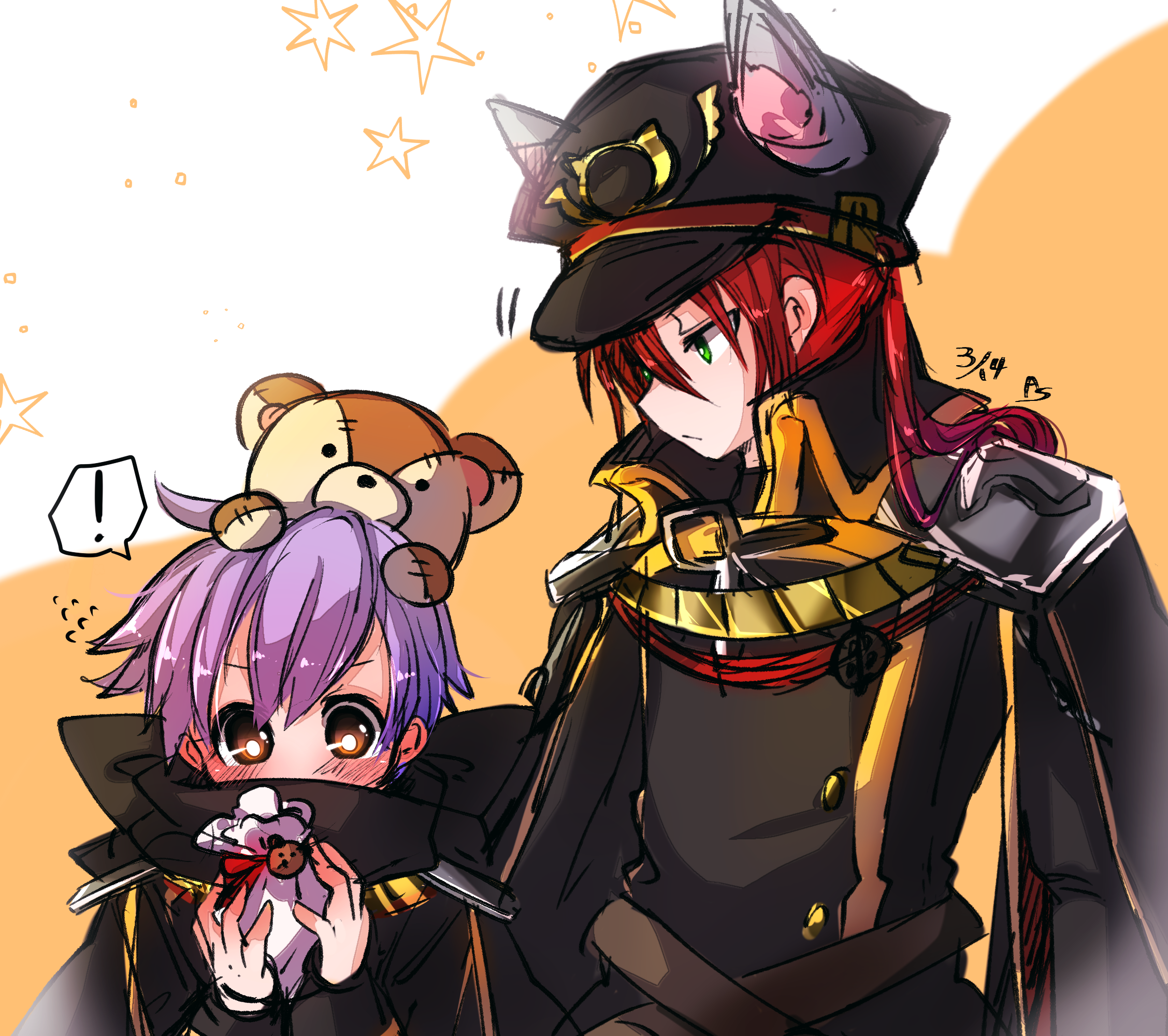 asuta (kinakomoti300), rebellion (ragnarok online), ragnarok online, commentary request, highres, !, 2boys, animal ear headwear, animal ears, black coat, brown eyes, buttons, cat ears, closed mouth, coat, double-breasted, epaulettes, expressionless, fake animal ears, gold trim, green eyes, looking at another, male focus, military uniform, multiple boys, orange background, purple hair, red hair, short hair, stuffed animal, stuffed toy, teddy bear, upper body, white background