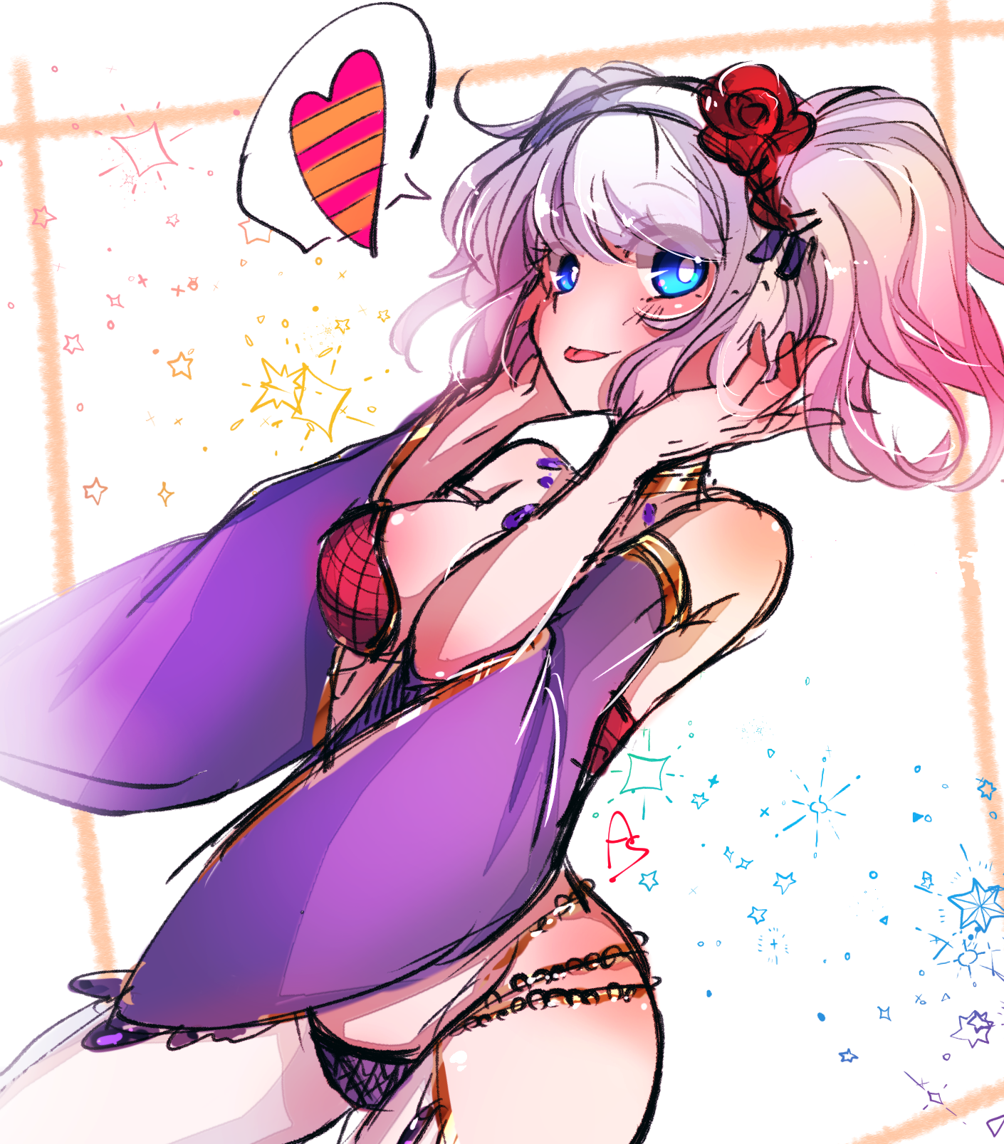 asuta (kinakomoti300), gypsy (ragnarok online), ragnarok online, commentary request, highres, 1girl, alternate color, bikini, blue eyes, blush, breasts, closed mouth, cowboy shot, detached sleeves, flower, hair flower, hair ornament, hairband, hands in own hair, heart, looking at viewer, medium breasts, medium hair, pink hair, purple bikini, red bikini, red flower, smile, solo, spoken heart, strapless, strapless bikini, swimsuit, two side up, white background, white hairband