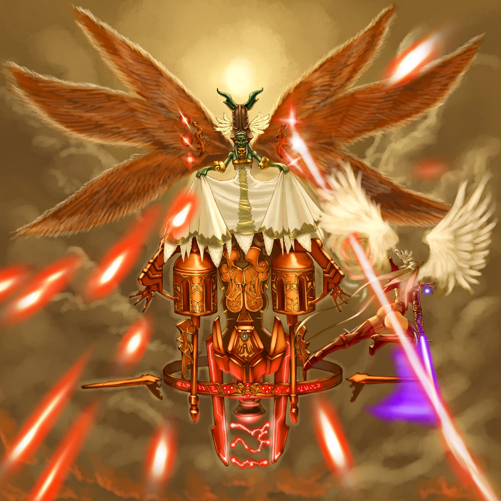 momigara (mmgrkmnk), nawashiro, ultima (ff xii), ultima (fft), ultima (ffta), final fantasy, final fantasy tactics, final fantasy tactics advance, final fantasy xii, ultima, psychic, silver hair, bad id, bad pixiv id, 00s, 2girls, angel wings, ass, blue skin, boots, closed eyes, colored skin, crossover, dress, elbow gloves, energy ball, energy beam, energy sword, feathered wings, flying, gloves, hat, head wings, legs, long hair, long legs, magic, multiple girls, multiple wings, name connection, seraph, sky, sword, thigh boots, thighhighs, thighs, weapon, wings