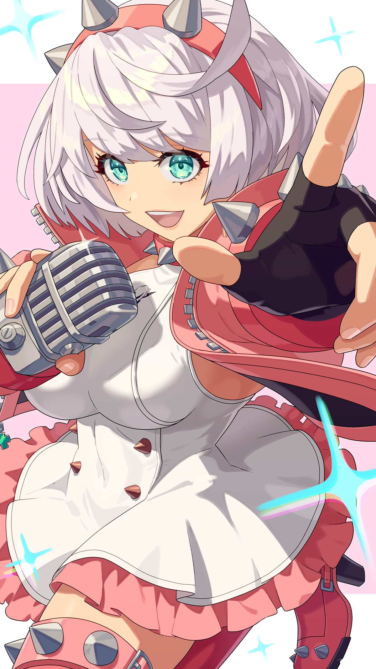 yagi2013, elphelt valentine, guilty gear, guilty gear strive, commentary request, highres, revision, 1girl, aqua eyes, black gloves, bob cut, boots, bracelet, breasts, circle skirt, collar, dress, fingerless gloves, frilled dress, frills, gloves, grey hair, hairband, holding, holding microphone, jacket, jewelry, looking at viewer, microphone, open clothes, open jacket, open mouth, pink boots, pink hairband, pink jacket, pointing, pointing at viewer, red boots, short dress, short hair, sleeveless, sleeveless dress, smile, solo, sparkle, spiked bracelet, spiked collar, spiked hairband, spiked thighlet, spikes, thigh boots, white dress