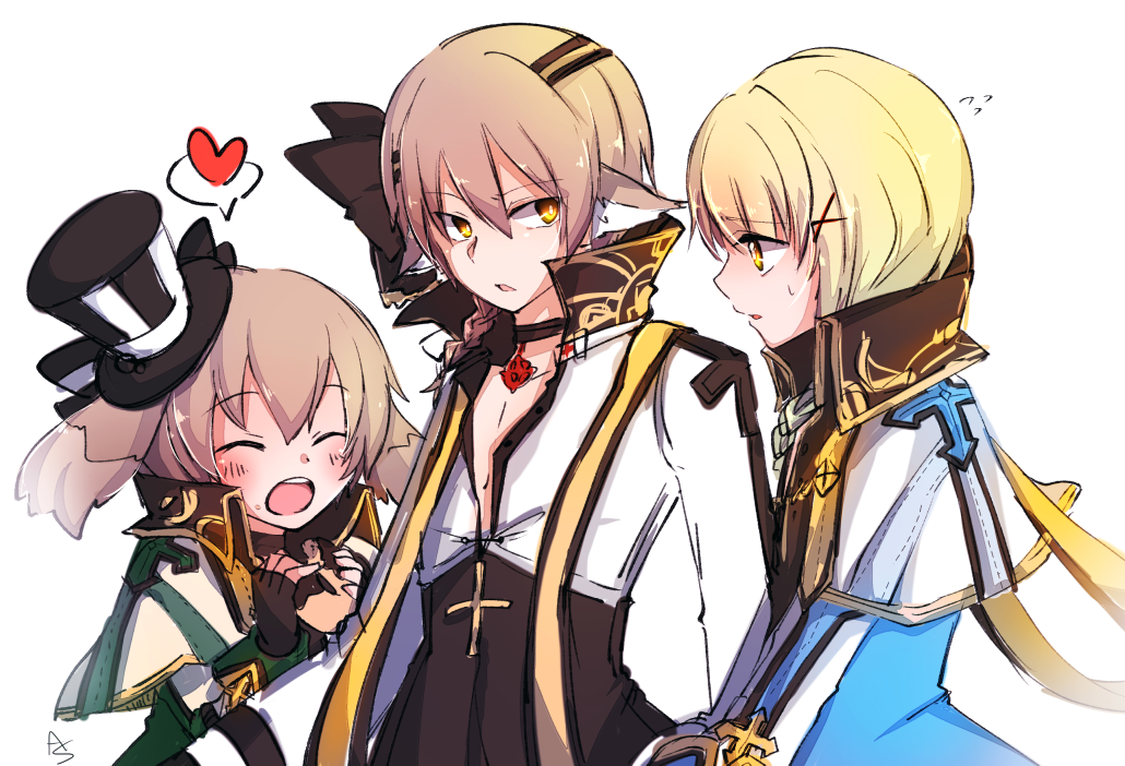 asuta (kinakomoti300), arch bishop (ragnarok online), ragnarok online, commentary request, 3boys, black bow, black choker, black gloves, black shirt, blonde hair, blue coat, bow, brown hair, capelet, choker, coat, cropped jacket, cross, cross choker, cross of prontera, fingerless gloves, gloves, green coat, hair bow, hair ornament, jacket, long sleeves, looking at another, male focus, multiple boys, official alternate costume, open mouth, shirt, short hair, simple background, upper body, white background, white capelet, white jacket, x hair ornament, yellow eyes
