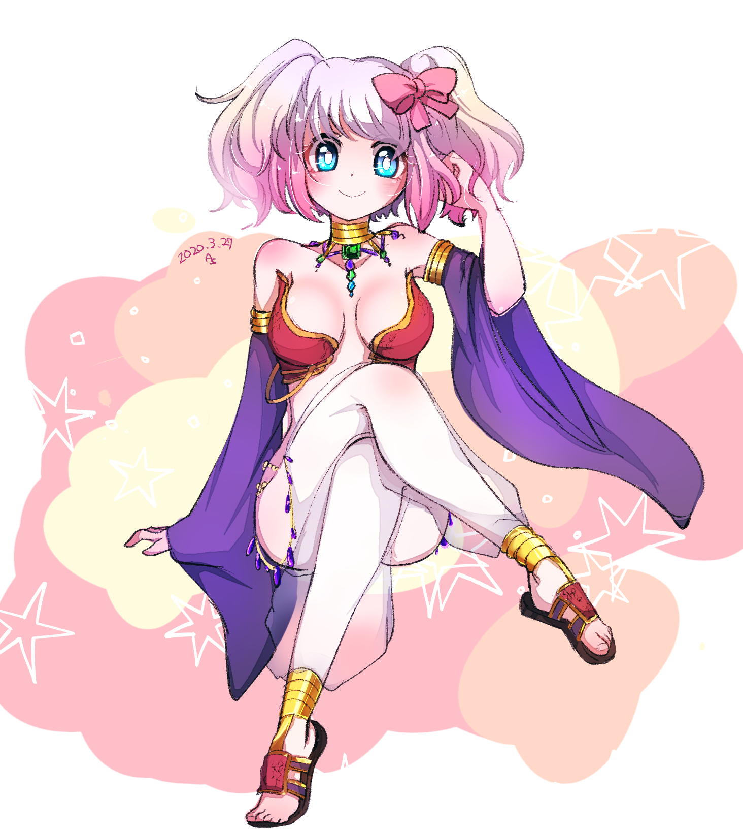 asuta (kinakomoti300), gypsy (ragnarok online), ragnarok online, commentary request, highres, 1girl, alternate color, bikini, black sandals, blue eyes, blush, bow, breasts, closed mouth, crossed legs, detached sleeves, full body, hair bow, hand in own hair, harem pants, invisible chair, looking at viewer, medium breasts, pants, pink bow, pink hair, purple sleeves, red bikini, sandals, see-through clothes, see-through pants, sitting, smile, solo, strapless, strapless bikini, swimsuit, two side up, white pants