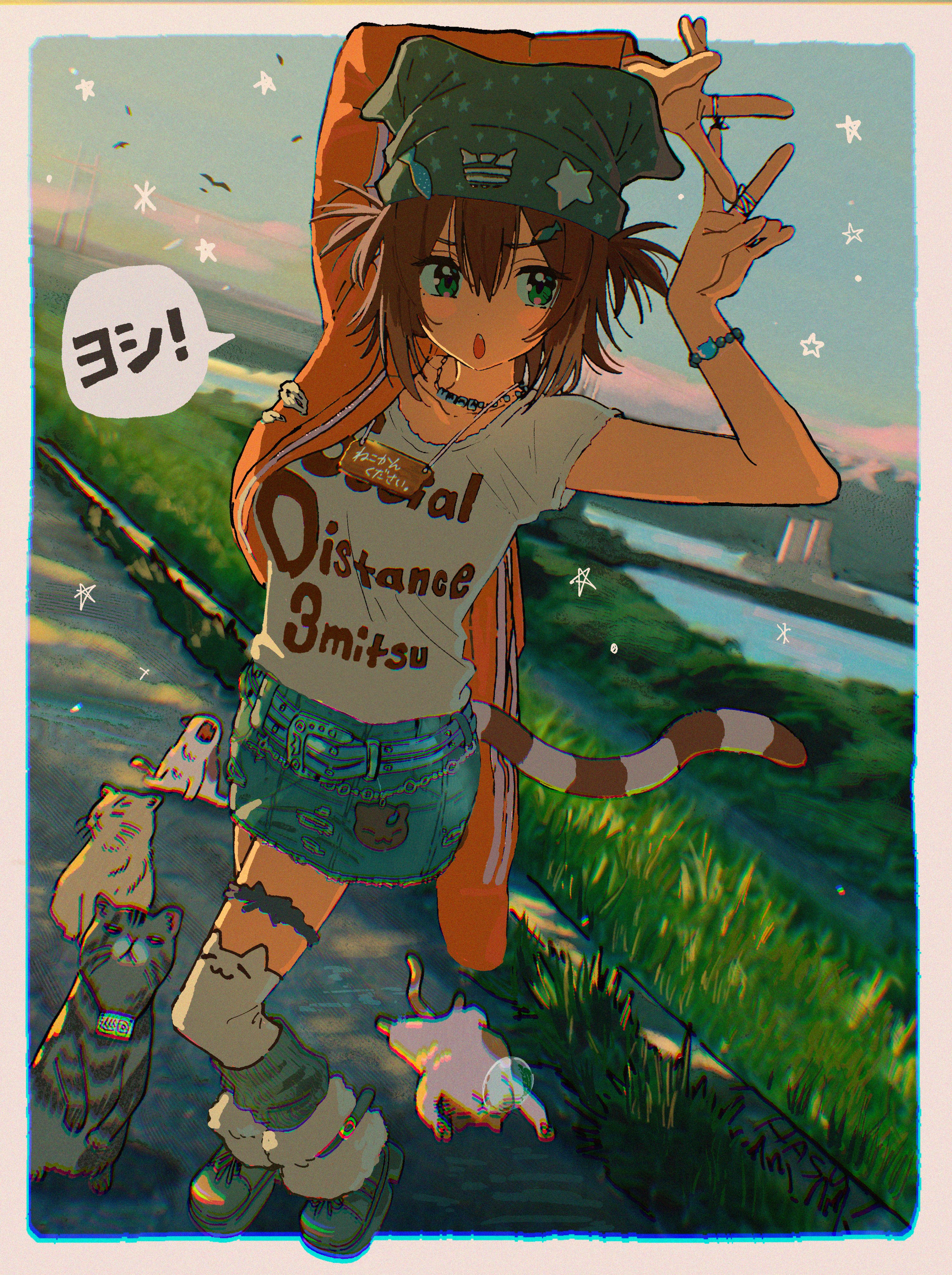 hasu, fumino tamaki, nijisanji, absurdres, highres, 1girl, beanie, belt, blue eyes, blue skirt, border, bracelet, brown hair, cat, clothes writing, denim, denim skirt, double v, grass, hands up, hat, jacket, jewelry, leg warmers, miniskirt, necklace, open mouth, orange jacket, outdoors, outside border, ring, shirt, short hair, short sleeves, skirt, sky, solo, star (symbol), thighhighs, track jacket, two side up, v, virtual youtuber, white border, white shirt, white thighhighs