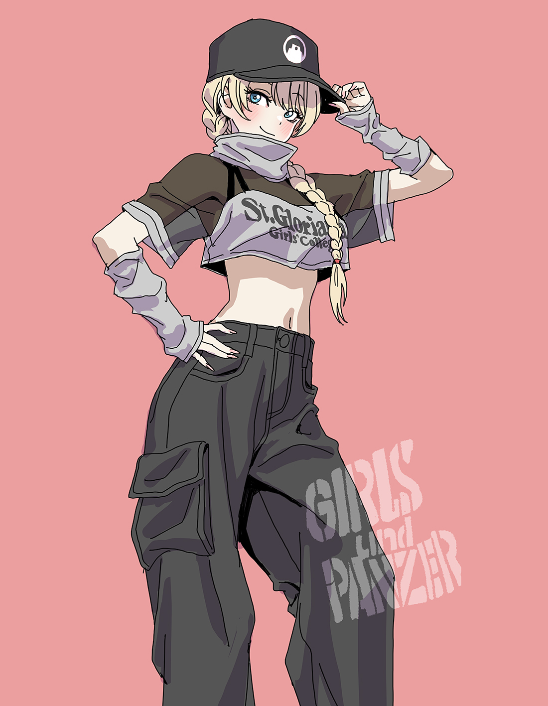 yamashita shun'ya, darjeeling (girls und panzer), girls und panzer, highres, 1girl, alternate costume, black pants, blonde hair, blue eyes, blush, braid, feet out of frame, hand on own hip, hat, long hair, looking at viewer, navel, pants, pink background, shirt, simple background, smile, solo, standing, stomach