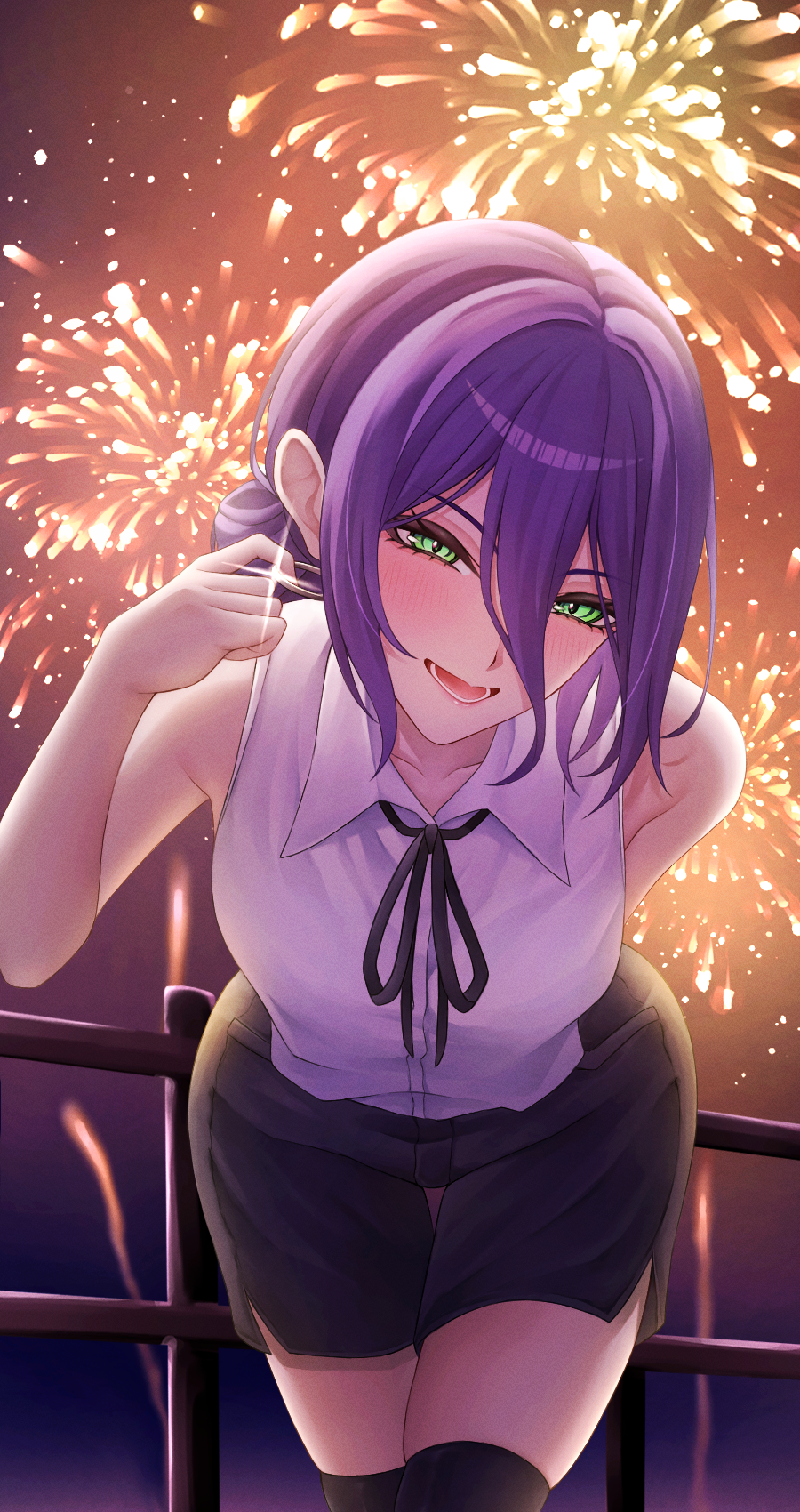 tsukkyi07, reze (chainsaw man), chainsaw man, highres, 1girl, aerial fireworks, black ribbon, black shorts, black thighhighs, collared shirt, fireworks, green eyes, grenade pin, hair between eyes, looking at viewer, neck ribbon, night, open mouth, outdoors, purple hair, railing, ribbon, shirt, shorts, sleeveless, sleeveless shirt, solo, thighhighs, white shirt