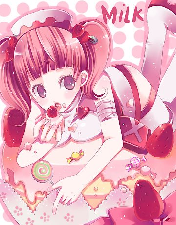 milk (pop'n music), bemani, pop'n music, lowres, eyepatch, food, fruit, pink hair, strawberry