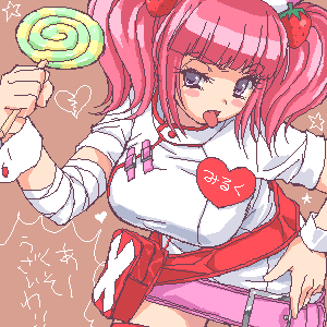 milk (pop'n music), bemani, pop'n music, lowres, candy, eyepatch, food, fruit, lollipop, nurse, pink hair, strawberry