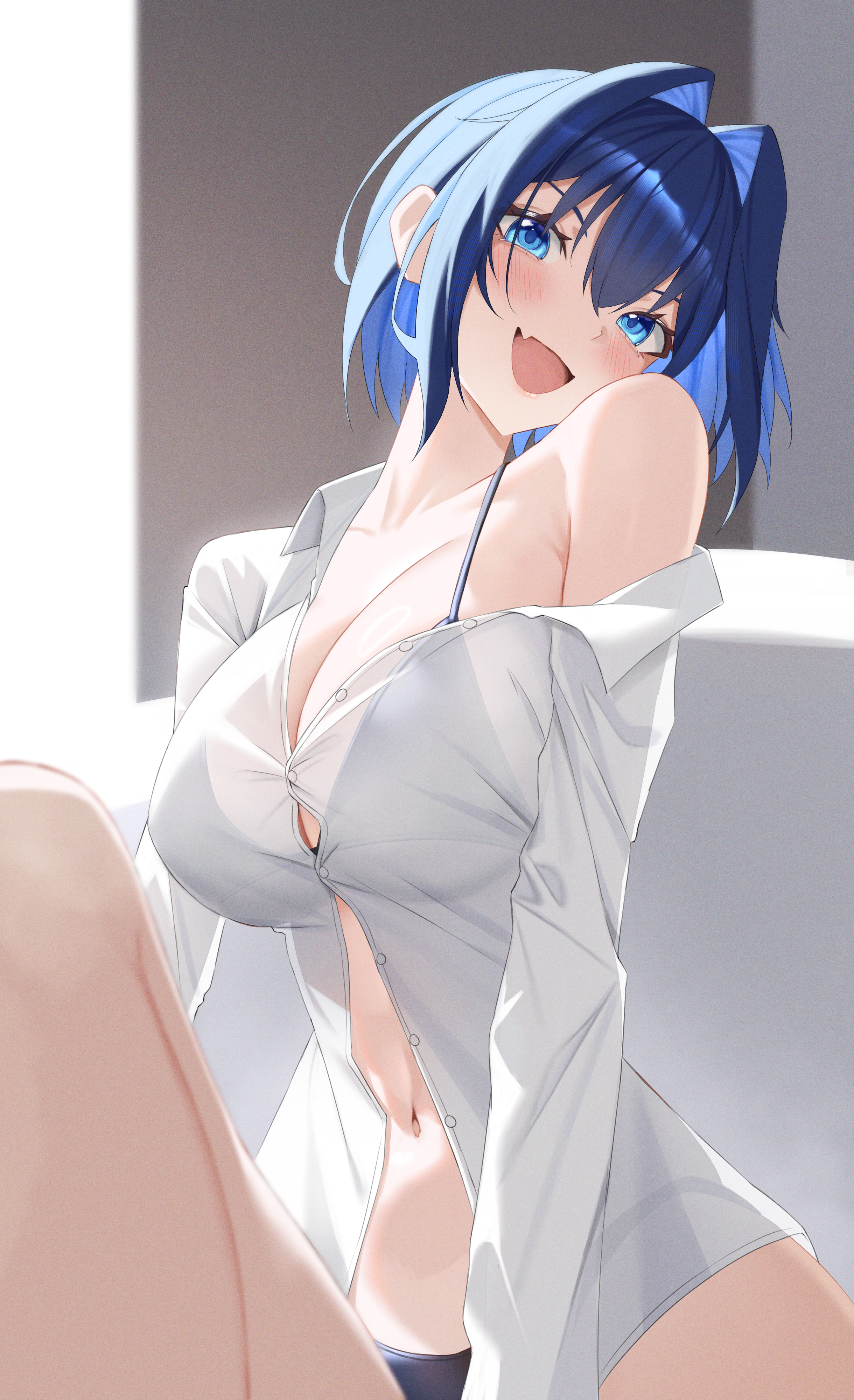 yubbiidraw, ouro kronii, hololive, hololive english, absurdres, commentary, highres, 1girl, :d, bikini, bikini under clothes, black bikini, blue eyes, blue hair, blurry, blurry background, breasts, button gap, cleavage, collared shirt, colored inner hair, day, dress shirt, fang, grin, hair intakes, head tilt, indoors, knee up, large breasts, looking at viewer, multicolored hair, navel, open mouth, partially unbuttoned, shirt, short hair, single off shoulder, sitting, skin fang, smile, solo, string bikini, swimsuit, virtual youtuber, white shirt