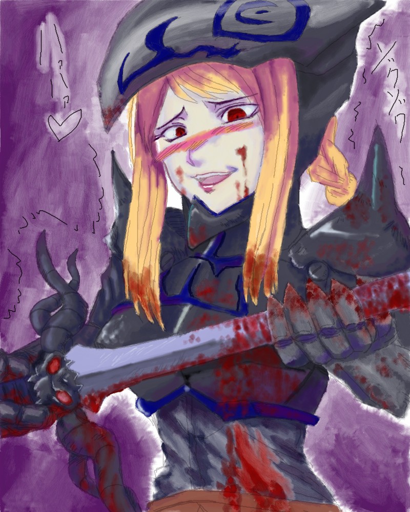 kitsune-tsuki (getter), agrias oaks, dark knight (final fantasy), final fantasy, final fantasy tactics, 1girl, armor, blonde hair, blood, blush, braid, dark knight, female focus, helmet, long hair, red eyes, single braid, solo, sword, weapon, yandere